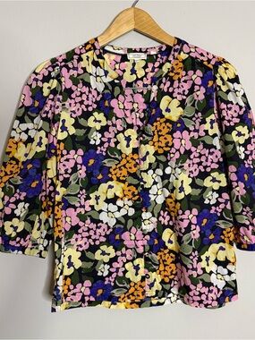 Fat Face Women’s Size 6 Black Floral Button-Front Blouse - Pink, Yellow & Purple